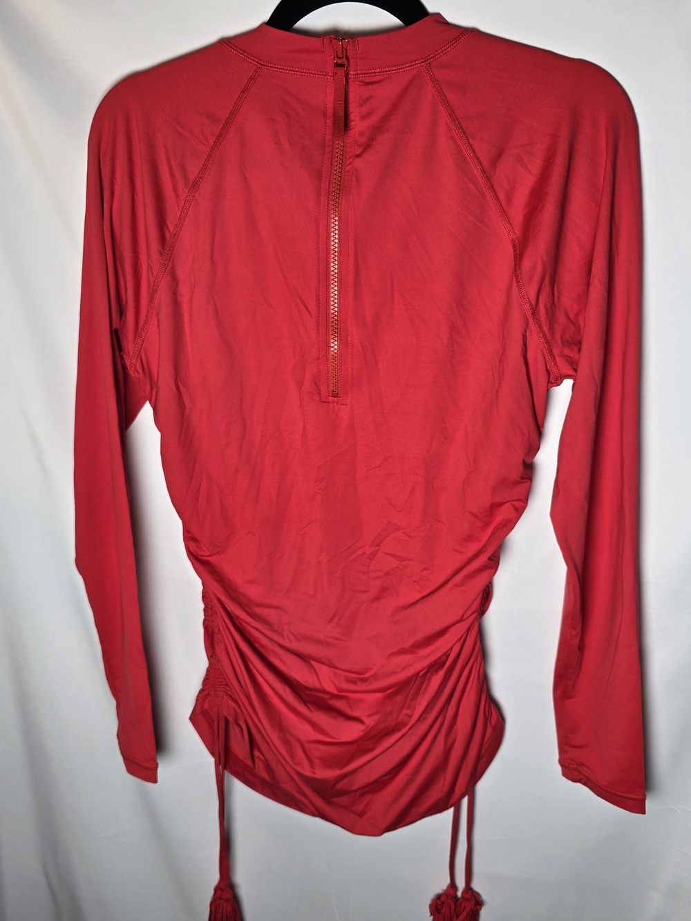 J. Crew Red Long-Sleeve Rashguard Ruched Side Drawstring Pompom Top Beach Sz L - Picture 8 of 8